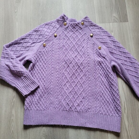 Talbots Purple Mock Neck Cable Knit Sweater Gold Button Detail Large - Picture 3 of 5